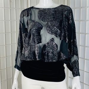 Vintage Henri Bendel Women's Black Sheer Dolman Sleeve Blouse, 40.